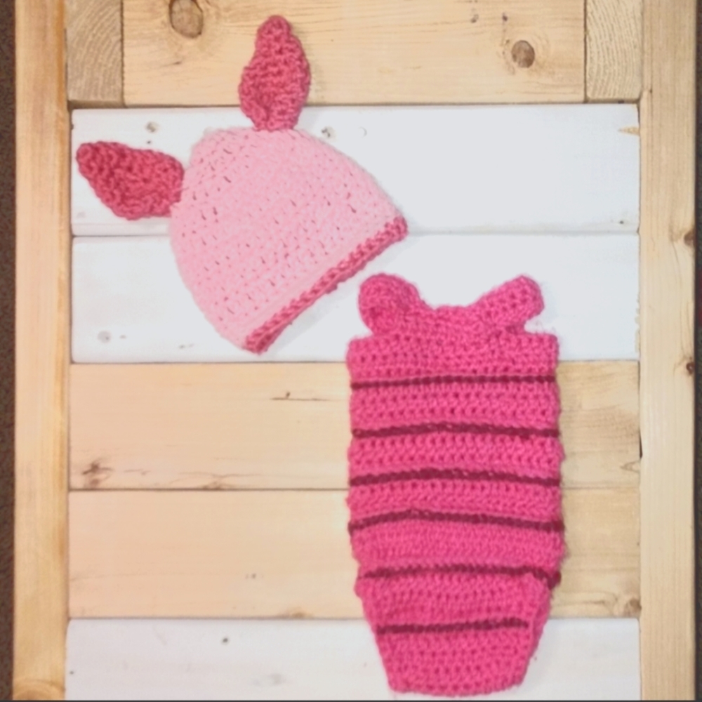 Halloween window is closed.  Handmade crochet Piglet.photo prop romper unisex